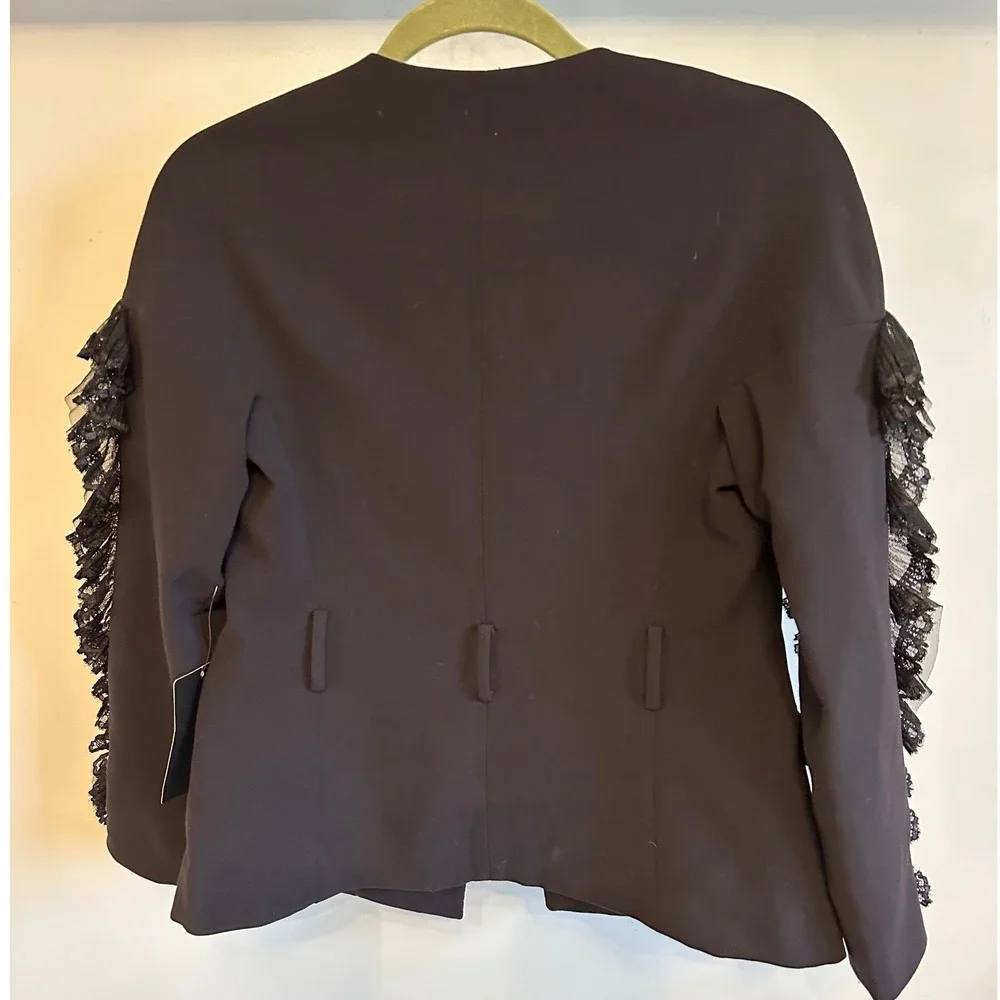 Zara Basic Black Collarless Blazer‎ Ruffle Lace Tulle Sleeve XS NWT Missing Belt - Picture 2 of 6